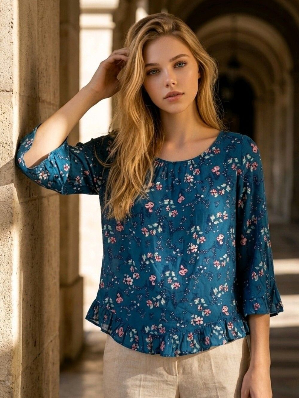 Gap Teal Floral Gauze Peplum Top Flowy Ruffle Blouse XS Coastal Romantic Chic
